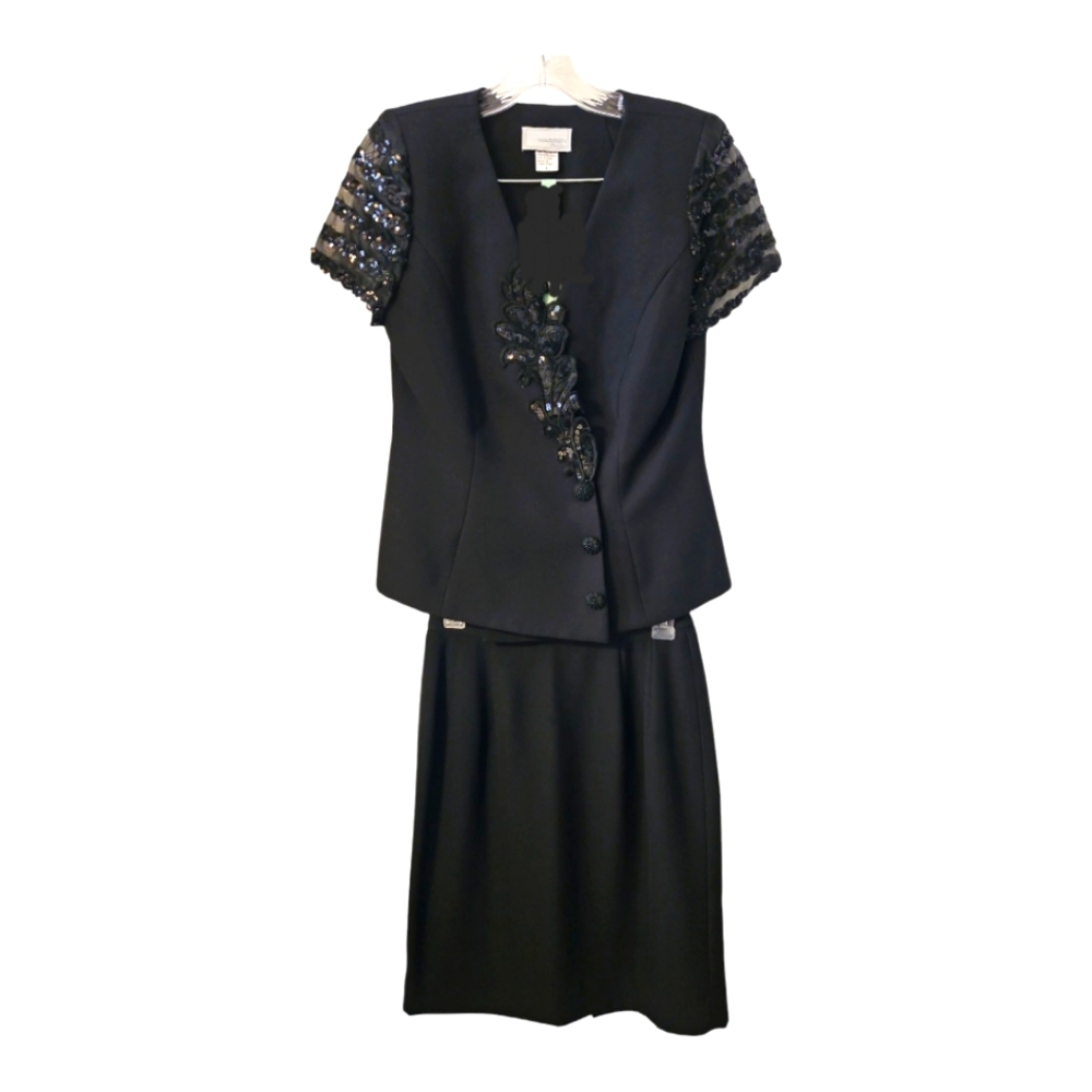 2-Piece Black Dress Suit Embellished with Sequins on Jacket Sleeves & Bodice; 6P